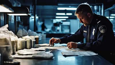 Lögreglumenn skoða haldlagt kókaín á sönnunargagnaborði á lögreglustöð