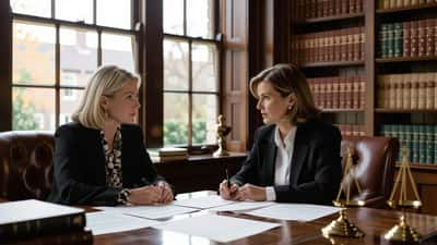 Bereaved woman consulting a solicitor over coroner's inquest documents in a British legal office