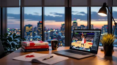 Avocat canadien consultant un document sur les paris sportifs légaux au Canada avec les playoffs NBA en arrière-plan