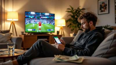 Australian man checking sports betting app on smartphone while Carabao Cup draw plays on TV