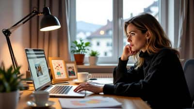 Berufstätige Mutter erschöpft am Laptop in Wiener Homeoffice – Burnout-Risiko durch Work-Life-Konflikt