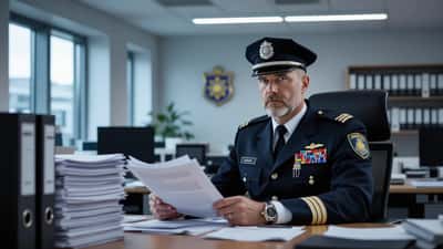 Rigspolitichef ved skrivebord med sagsmapper på politiets hovedkontor i København