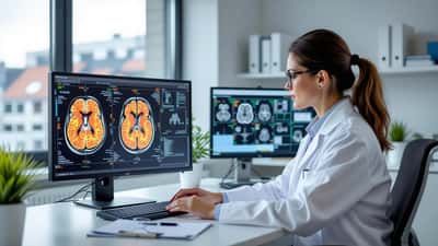 Neurolog undersøger MRI-hjernescanning med markerede skaderegioner på skærm i klinik