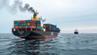 Navire cargo en mer Caspienne avec fumée dans le sillage, ciel couvert, style photo journalisme de presse