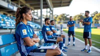 Jogador de futebol profissional afastado por disciplina sentado no banco enquanto colegas treinam ao fundo