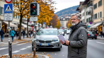 Conducteur suisse consultant son permis de circulation face à une signalisation ZTL en Italie du Nord, octobre 2026