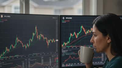 Mujer hispana revisando gráficos de trading de criptomonedas con Bitcoin y Ethereum en pantallas de computadora