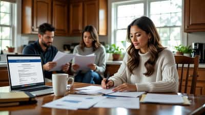 Familia hispanoamericana revisando documentos de herencia y testamento en casa tras el fallecimiento de un ser querido