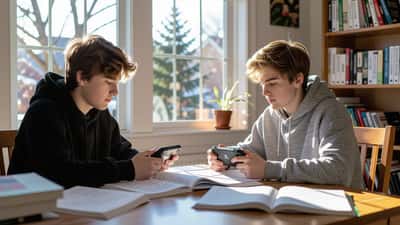 Student at study desk holding Nintendo Switch 2 surrounded by math textbooks and handwritten worksheets, warm afternoon light, documentary photo
