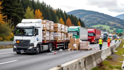 Verunglückter Sattelzug mit verstreuter Ladung auf der gesperrten A2 Südautobahn