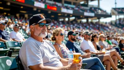 Baseball fans in sun-baked outdoor bleachers at a summer afternoon MLB game, one fan visibly pale and fanning himself