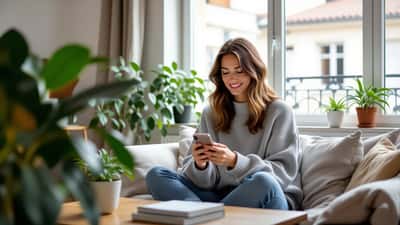 Femme consultant les réglages de sécurité de son iPhone sur un canapé dans un appartement lumineux