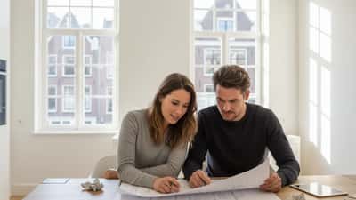 Nederlands stel bespreekt renovatieplannen aan de keukentafel met blauwdrukken en materiaalkeuzes