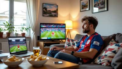 Supporter regardant un stream de football bloqué par l'ARCOM sur son ordinateur dans un appartement français