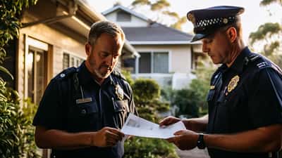 Australian police officer serving an arrest warrant at a suburban home door in Sydney