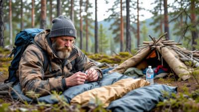 Mand i vildmarken undersøger sine hænder i en finsk boreal skov — sundhedsrisici ved overlevelse i naturen