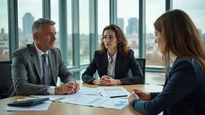 Financial adviser reviewing loan documents with a couple in a London office