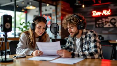 Parent and teenager reviewing a contract in a recording studio lobby