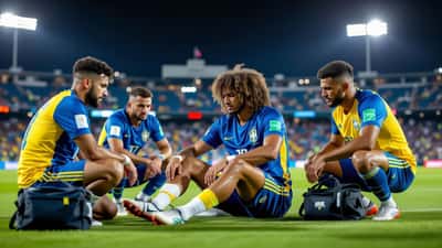 Atleta de futebol sentado no gramado sendo atendido por médico esportivo em estádio americano à noite