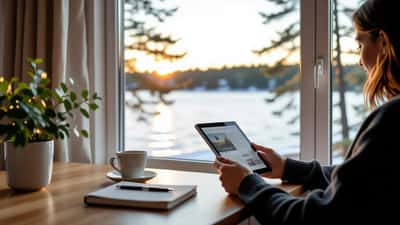 Person läser Nya Wermlands-Tidningen digitalt på en surfplatta i ett ljust vardagsrum med utsikt över Värmland