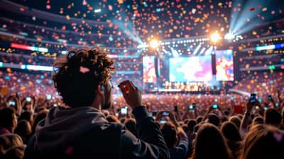 Foule d'un stade la nuit pendant un spectacle de mi-temps, un spectateur insère un bouchon d'oreille de protection auditive