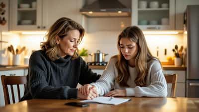 Mère et adolescente en conversation émotionnelle à la cuisine, santé mentale des jeunes