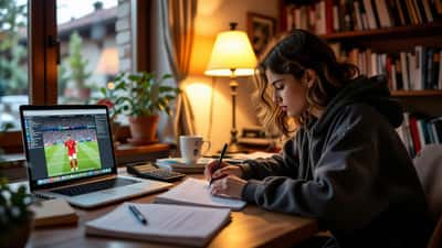 Studente scrive calcoli di probabilità in un quaderno con una finale dei Mondiali su un portatile