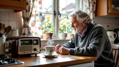 British man comparing old AM transistor radio to new DAB digital radio on a kitchen worktop