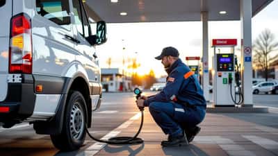Suomalainen ammattiautoilija tarkistaa rengaspaineen pakettiautolle polttoaineen hinnannousun aikana 2026