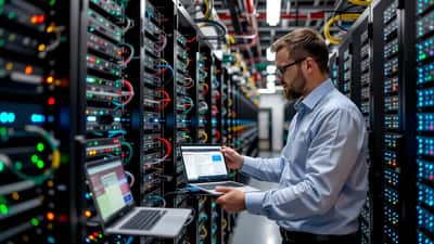 IT-Ingenieur untersucht GPU-Karte im Rechenzentrum