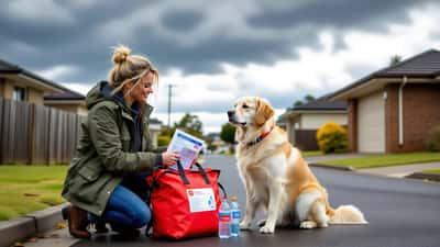 Australian woman packing emergency kit beside her golden labrador as storm clouds gather