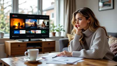 British woman reading TV Licensing letter with streaming service menu on smart TV in background