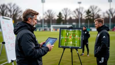 Fotbollstränare analyserar visuell spårningsdata på surfplatta under träning på fotbollsplan