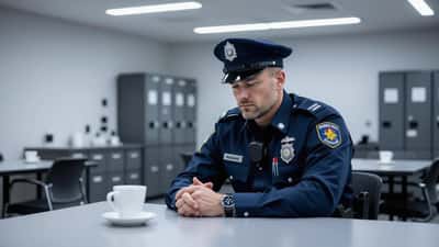 Utslitt politimann sitter alene i pauserom etter krevende vakt, uniformen delvis avkledd, tydelige tegn på psykisk belastning