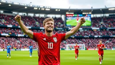 Jogador dinamarquês comemorando gol no Estádio Parken em Copenhague pela Liga das Nações UEFA 2026
