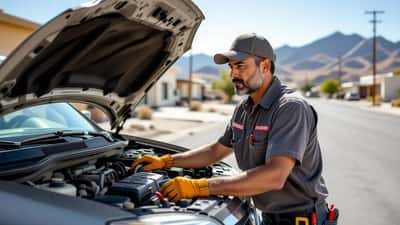 Mecánico revisa el motor de un auto bajo el calor del desierto fronterizo antes del partido