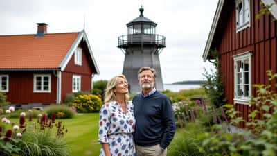 Dansk par ser bekymret op på et stort fyrtårn ved siden af deres sommerhus på Langeland