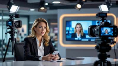 Fernsehmoderatorin schaut besorgt auf ihr Smartphone in einem TV-Studio