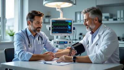 Medico che misura la pressione arteriosa a un paziente in ambulatorio, monitor ECG sullo sfondo