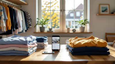 Netjes gevouwen tweedehands kinderkleding op een tafel in een moderne kinderkamer