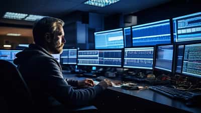Norsk IT-sikkerhetsanalytiker overvåker trusselskjermer i mørkt kontrollrom