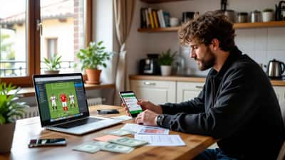 Uomo italiano alla scrivania con laptop che mostra un'asta fantacalcio e banconote euro sul tavolo