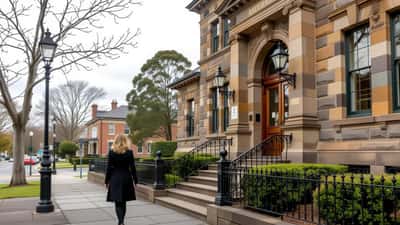 Woman in dark clothing walking up the sandstone steps of a New South Wales courthouse on an overcast day
