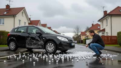 Auto met hageldeuken en gebarsten voorruit op straat, hagelstenen op het asfalt na noodweer