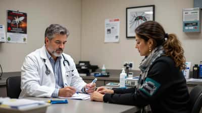 Canadian doctor examining a feverish patient in a clinic with a West Nile mosquito surveillance poster