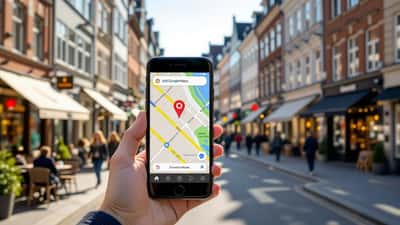 Smartphone viser Google Maps med lokale butikker på en dansk gågade i 2026