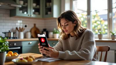 Worried person checking a suspicious X app account warning on a smartphone at a kitchen table