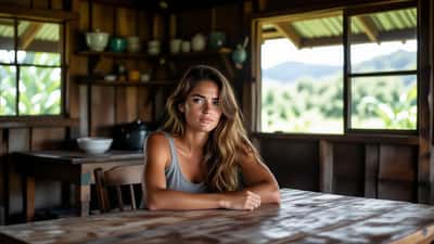 Mulher brasileira sozinha em ambiente rural com câmera de vigilância ao fundo, ilustrando impacto psicológico do confinamento em reality show