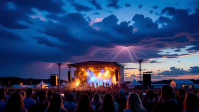 Onweer boven een Nederlands strandfestival met bezoekers en podia
