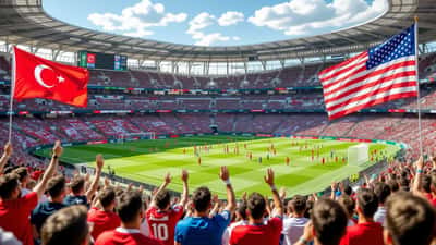 Stadio internazionale con bandiere turche e americane e tifosi per Turchia vs USA 2026